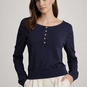 Vintage Chanel Navy Knit Sweater Top Gold Button Logo Long Sleeve Small